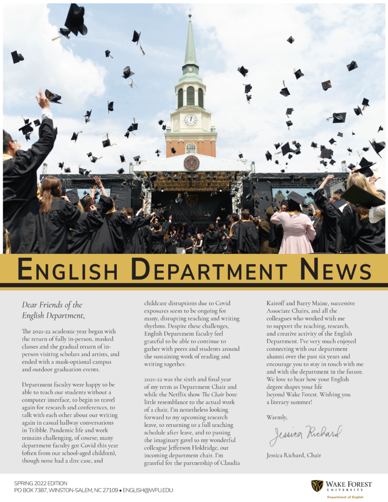 A thumbnail image of the cover of the spring 2022 newsletter, featuring a letter from Jessica Richard and a photograph of students tossing their caps at the 2022 Wake Forest commencement ceremony.